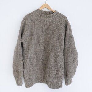 Handmade Taupe 100% Wool 3D Pattern Knit Crew Neck Sweater Large
